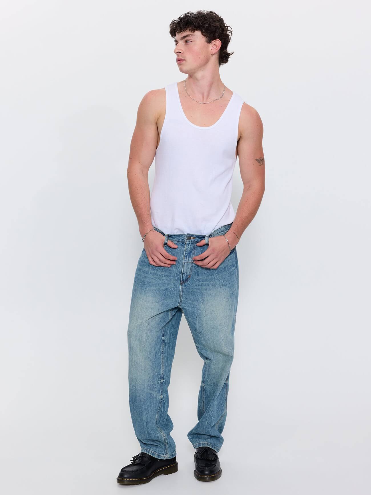 Web of Deceit Mid Slacker Relaxed Long Denim Jean - Dirty Crinkle Blue 26