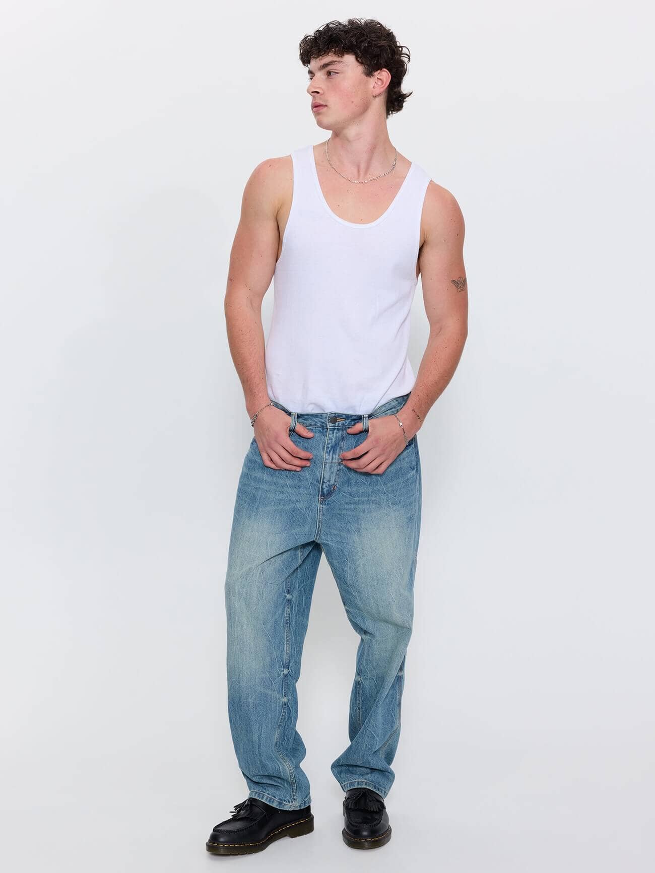 Web of Deceit Mid Slacker Relaxed Long Denim Jean - Dirty Crinkle Blue 26