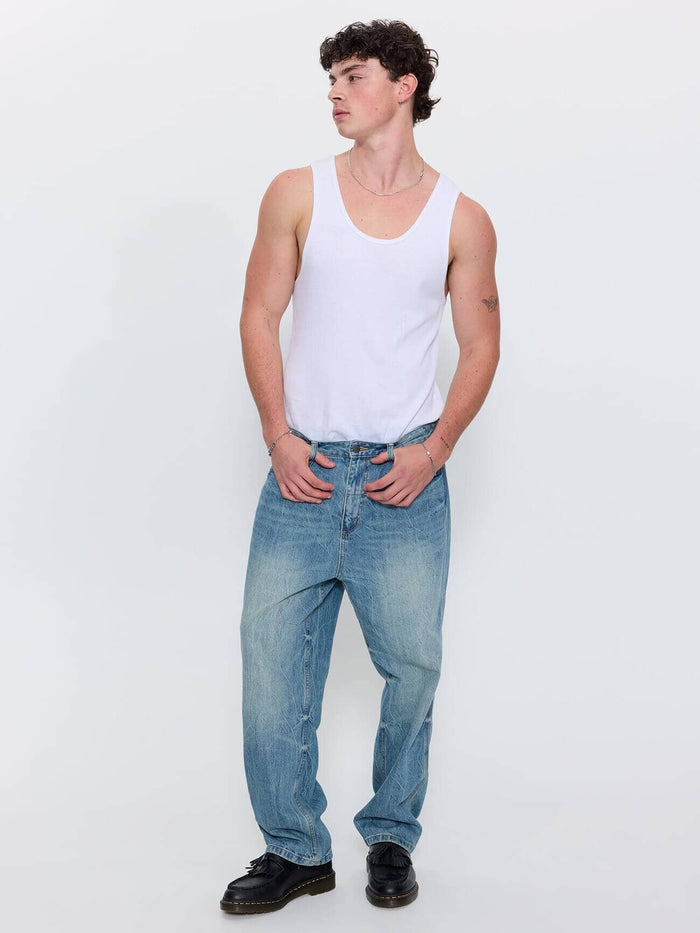 Web of Deceit Mid Slacker Relaxed Long Denim Jean - Dirty Crinkle Blue 26