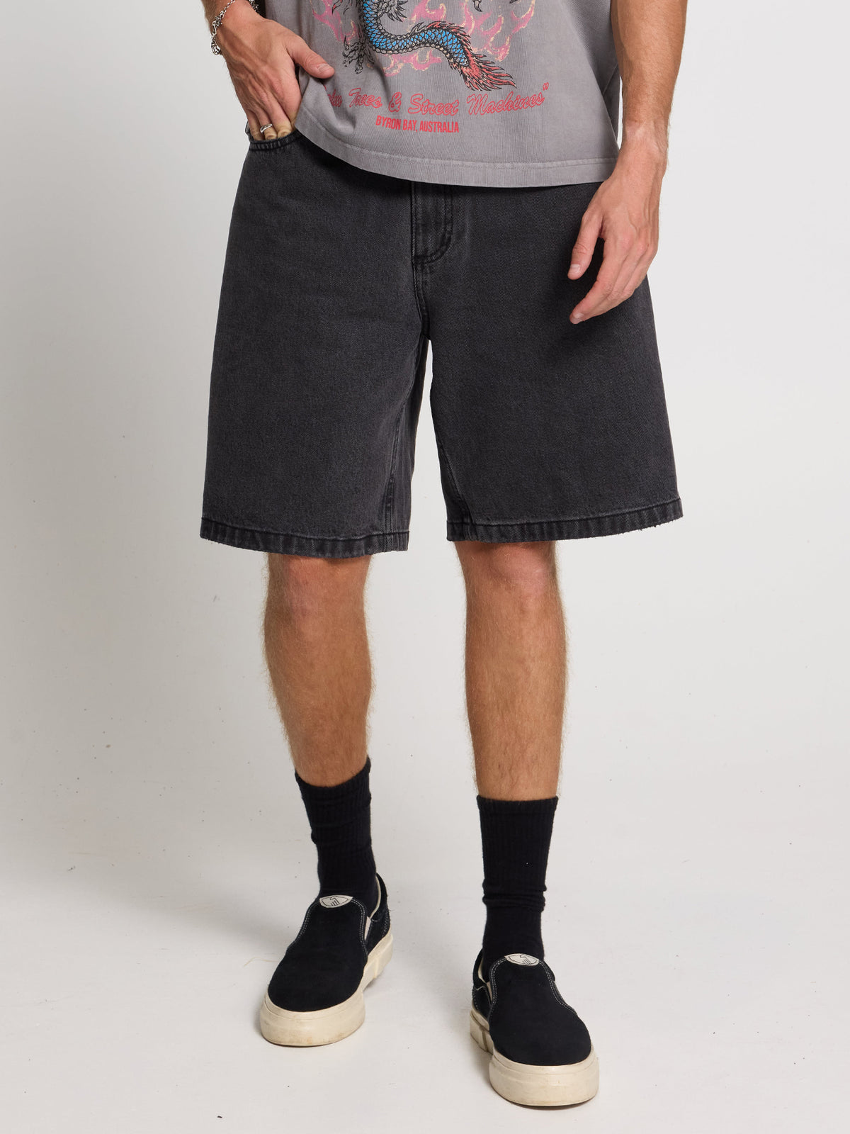 Mid Slacker Relaxed Denim Short - Ash Black 26