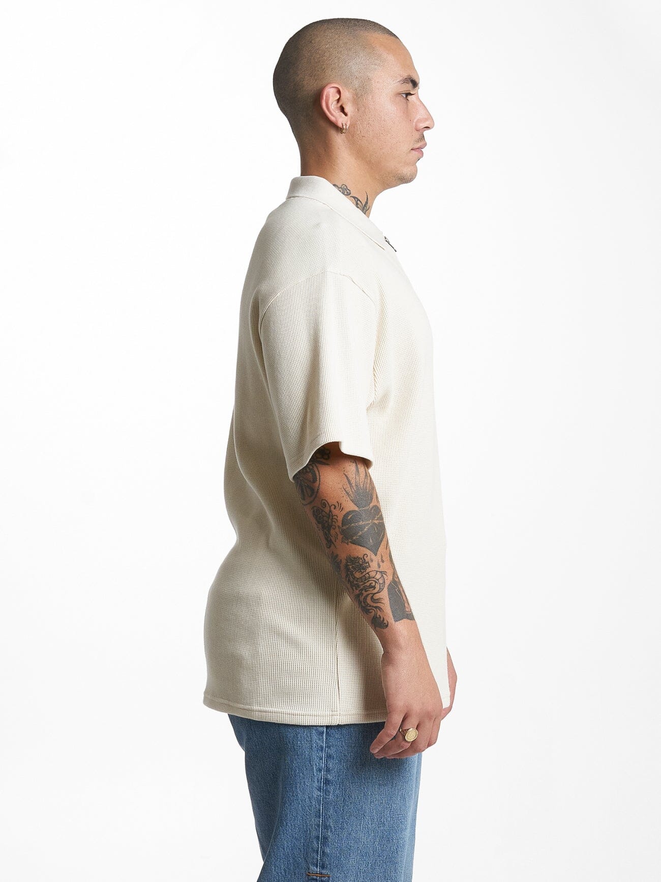 Beholder Waffle Three Quarter Zip Polo - Unbleached