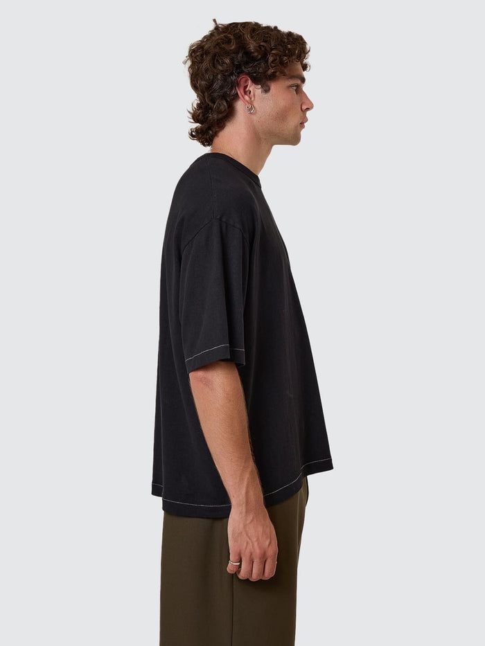 Hemp Thrills Embro Contrast Stitch Box Fit Oversize Cropped Tee - Black XS