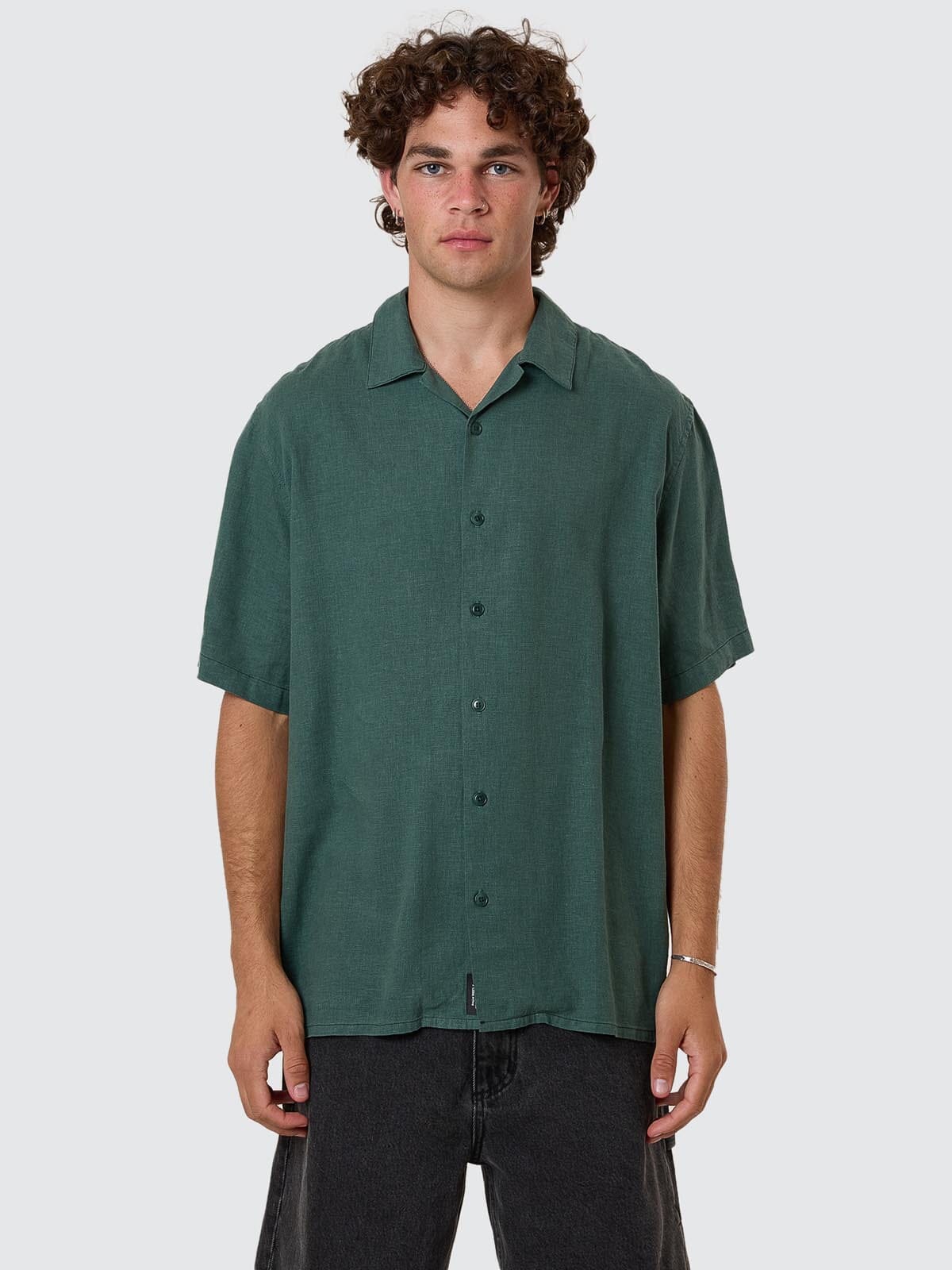 Hemp Minimal Thrills Contrast Stitch Bowling Shirt - Sea Pine XS