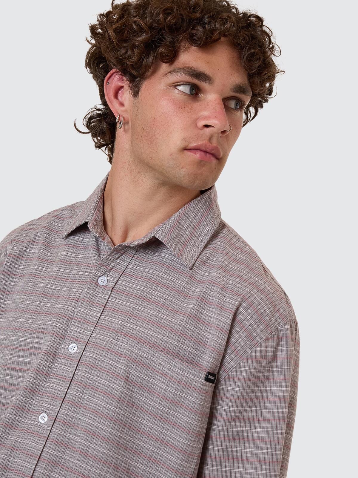 Minimal Thrills Stripe Check Short Sleeve Shirt - Smog XS