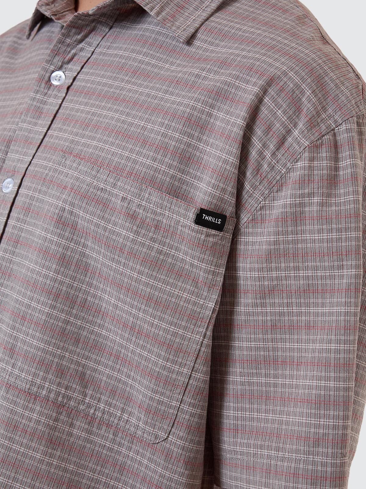 Minimal Thrills Stripe Check Short Sleeve Shirt - Smog XS