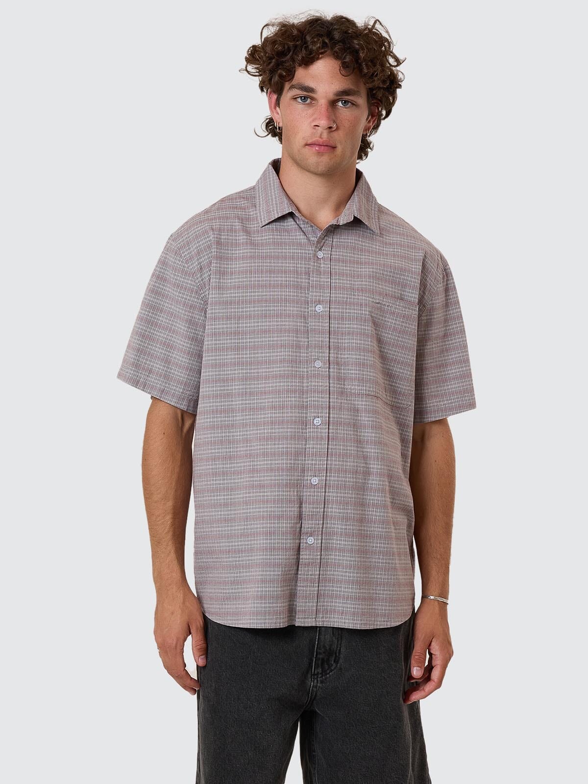 Minimal Thrills Stripe Check Short Sleeve Shirt - Smog XS