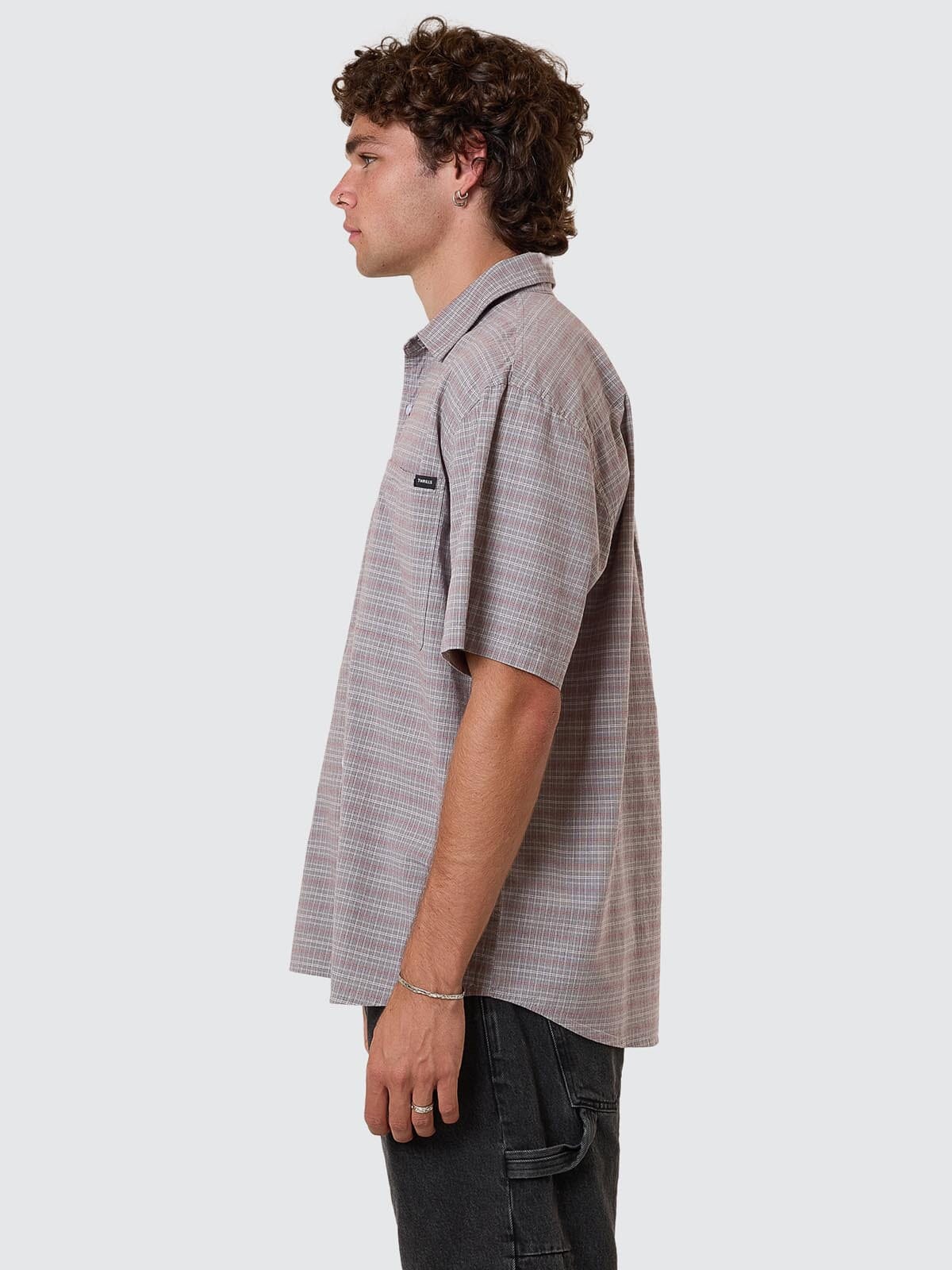 Minimal Thrills Stripe Check Short Sleeve Shirt - Smog XS