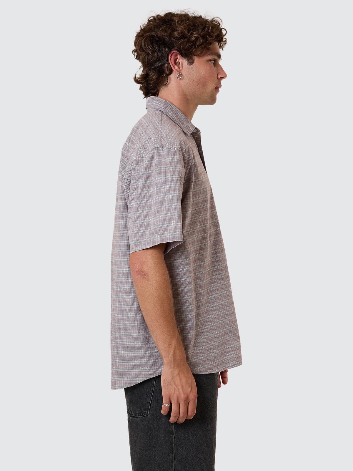 Minimal Thrills Stripe Check Short Sleeve Shirt - Smog XS