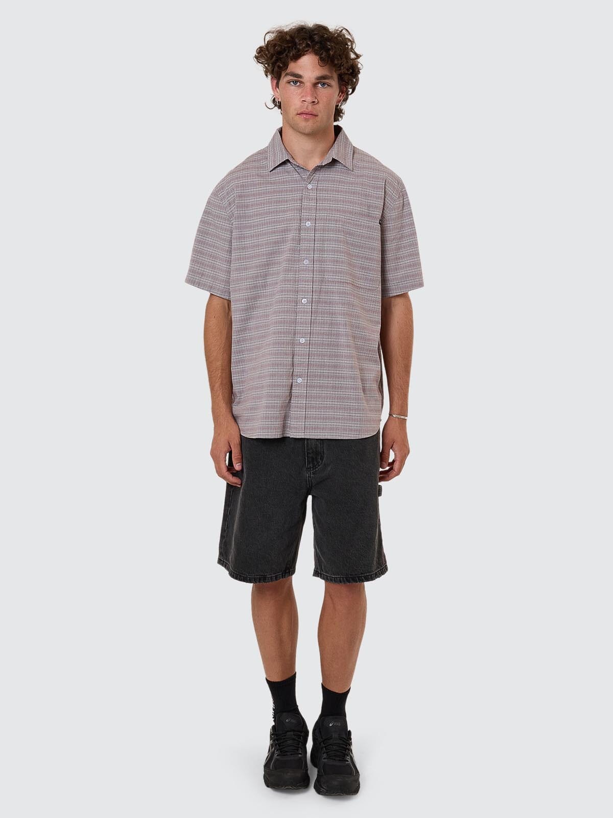 Minimal Thrills Stripe Check Short Sleeve Shirt - Smog XS