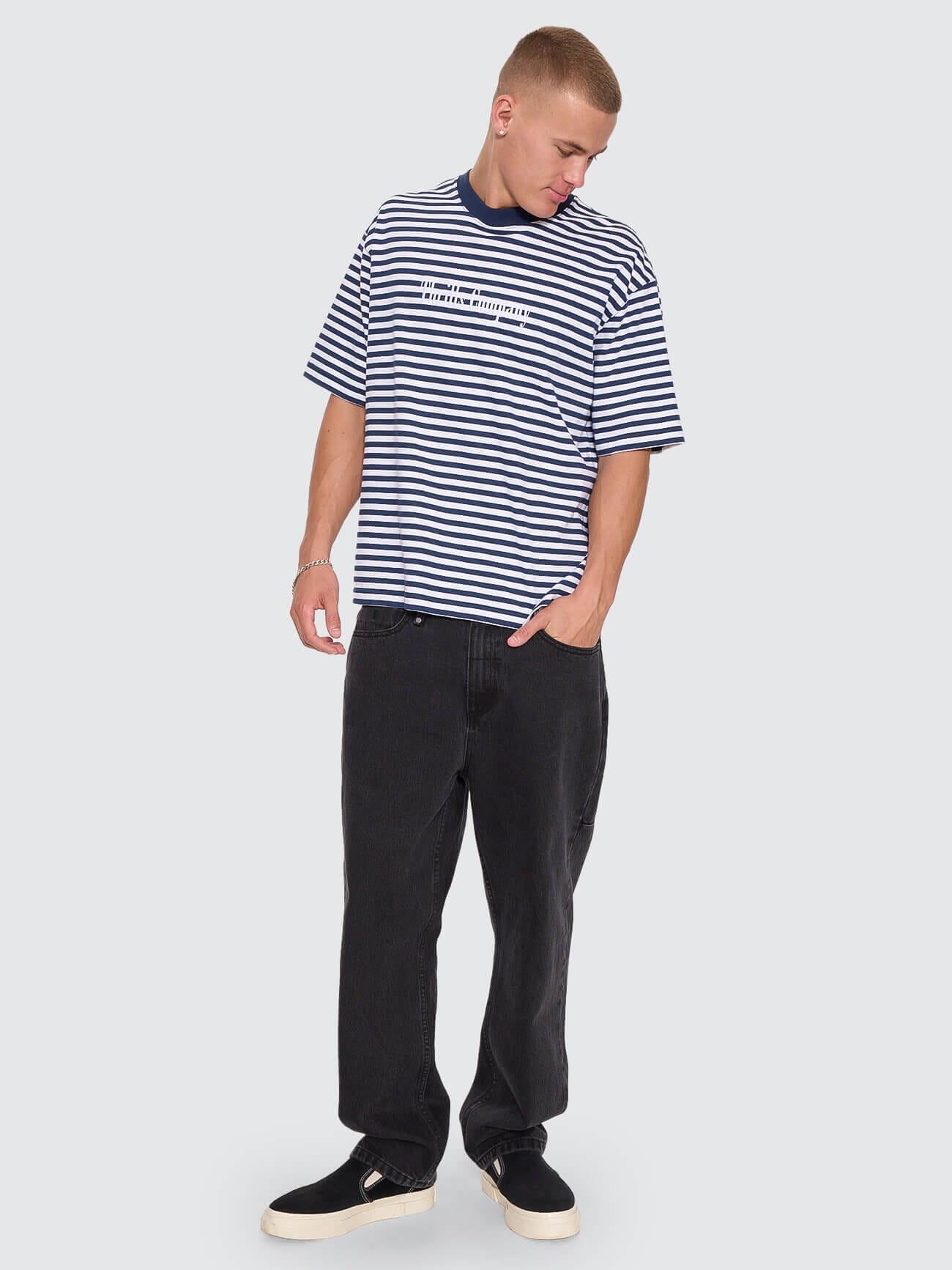 Primitive Stripe Oversize Box Crop Tee - Heritage Navy Stripe XS