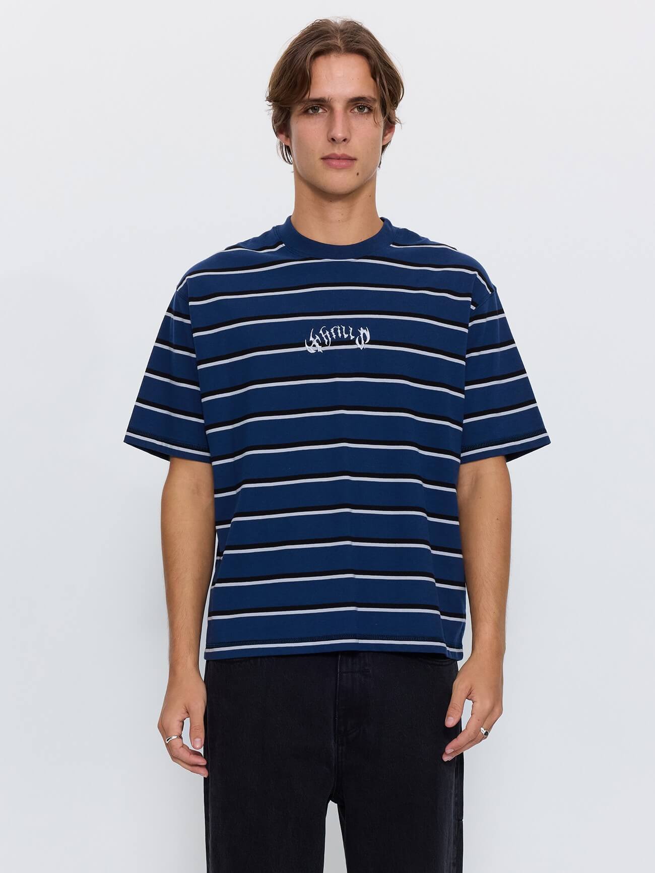 Stagger Big Stripe Oversize Box Crop Tee - Black XS