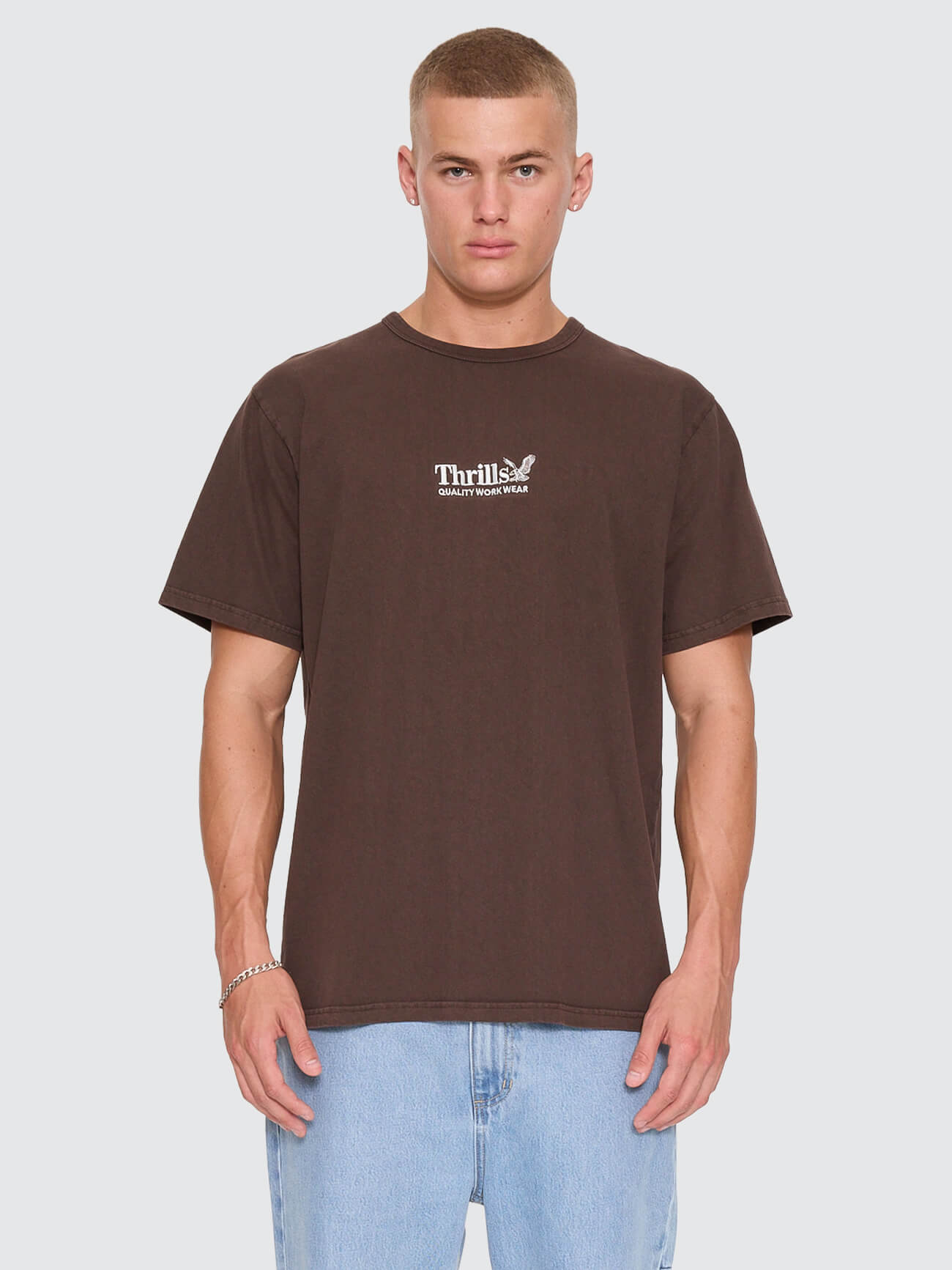 Thrills Workwear Embro Merch Tee - Postal Brown XS