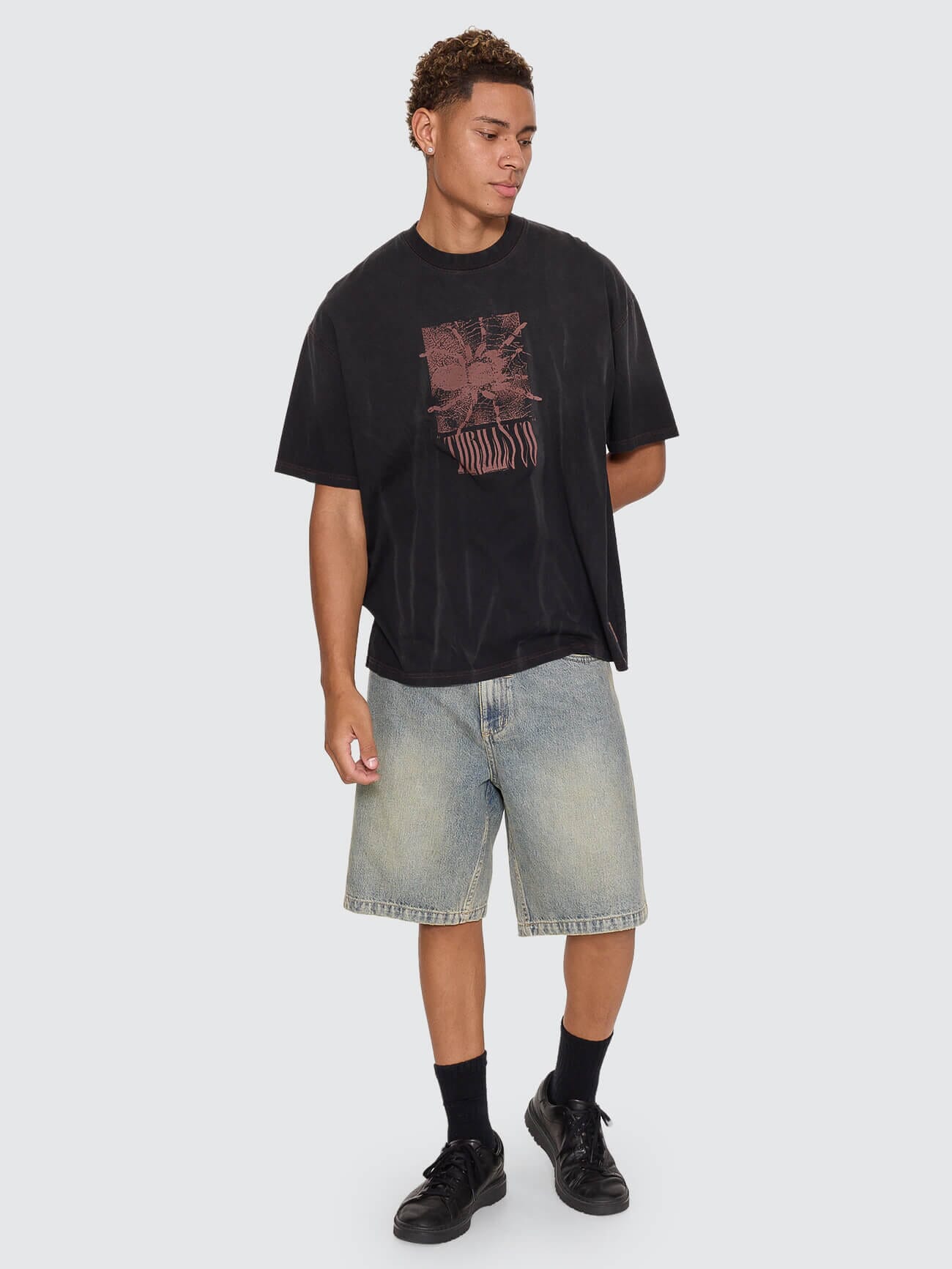 Web Of Chaos Oversize Box Crop Tee - Dark Faded Splatter Black XS
