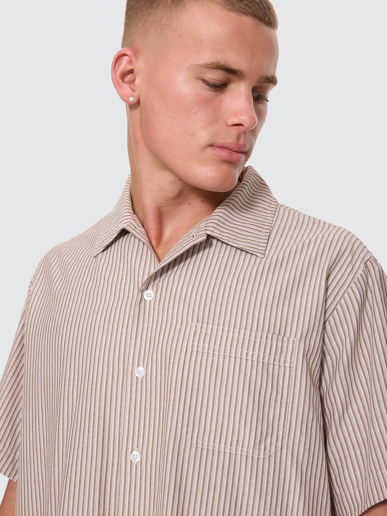 Thrills Union Short Sleeve Stripe Work Shirt - Postal Brown XS