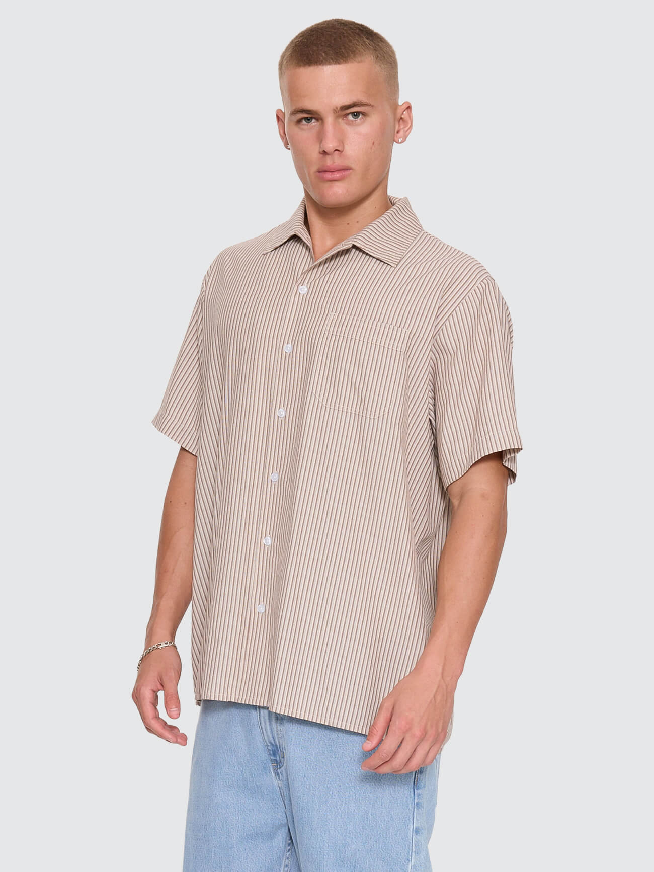Thrills Union Short Sleeve Stripe Work Shirt - Postal Brown XS