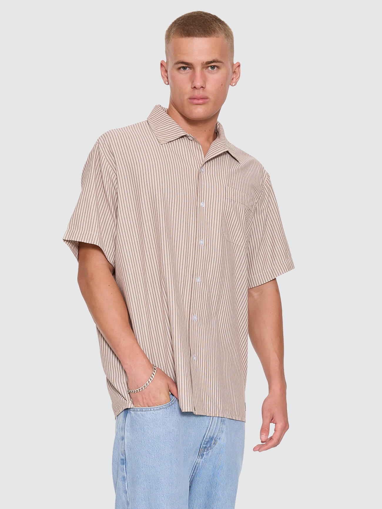 Thrills Union Short Sleeve Stripe Work Shirt - Postal Brown XS
