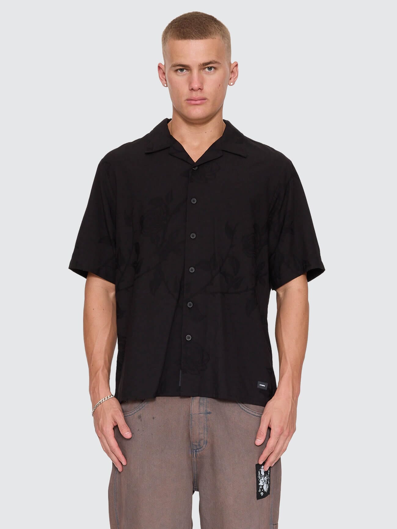 Time Will Tell Cropped Bowling Shirt - Black XS