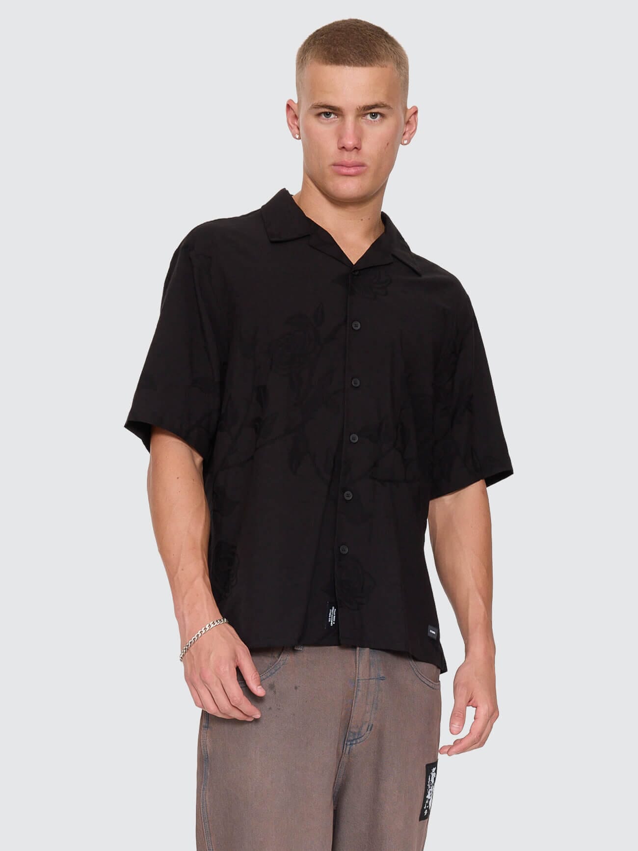 Time Will Tell Cropped Bowling Shirt - Black XS