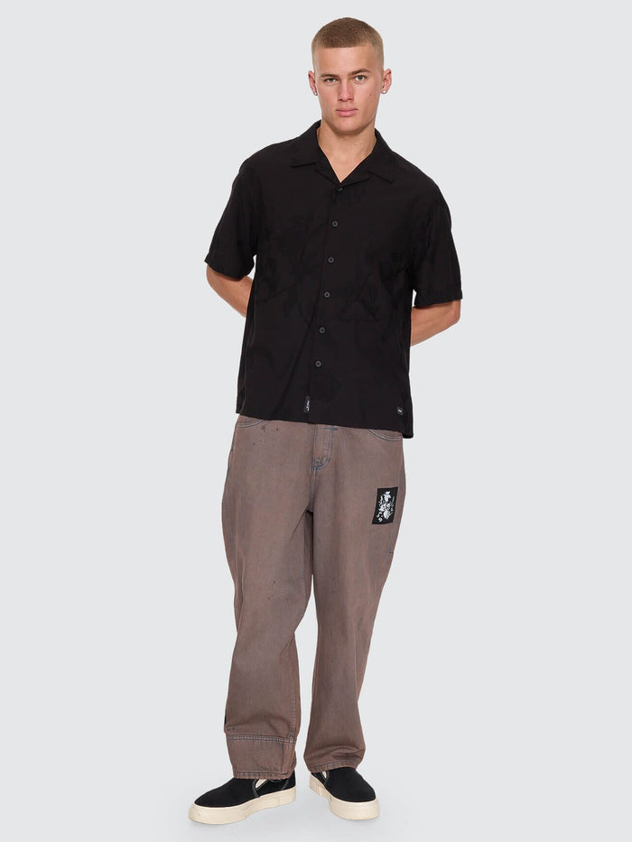 Time Will Tell Cropped Bowling Shirt - Black XS