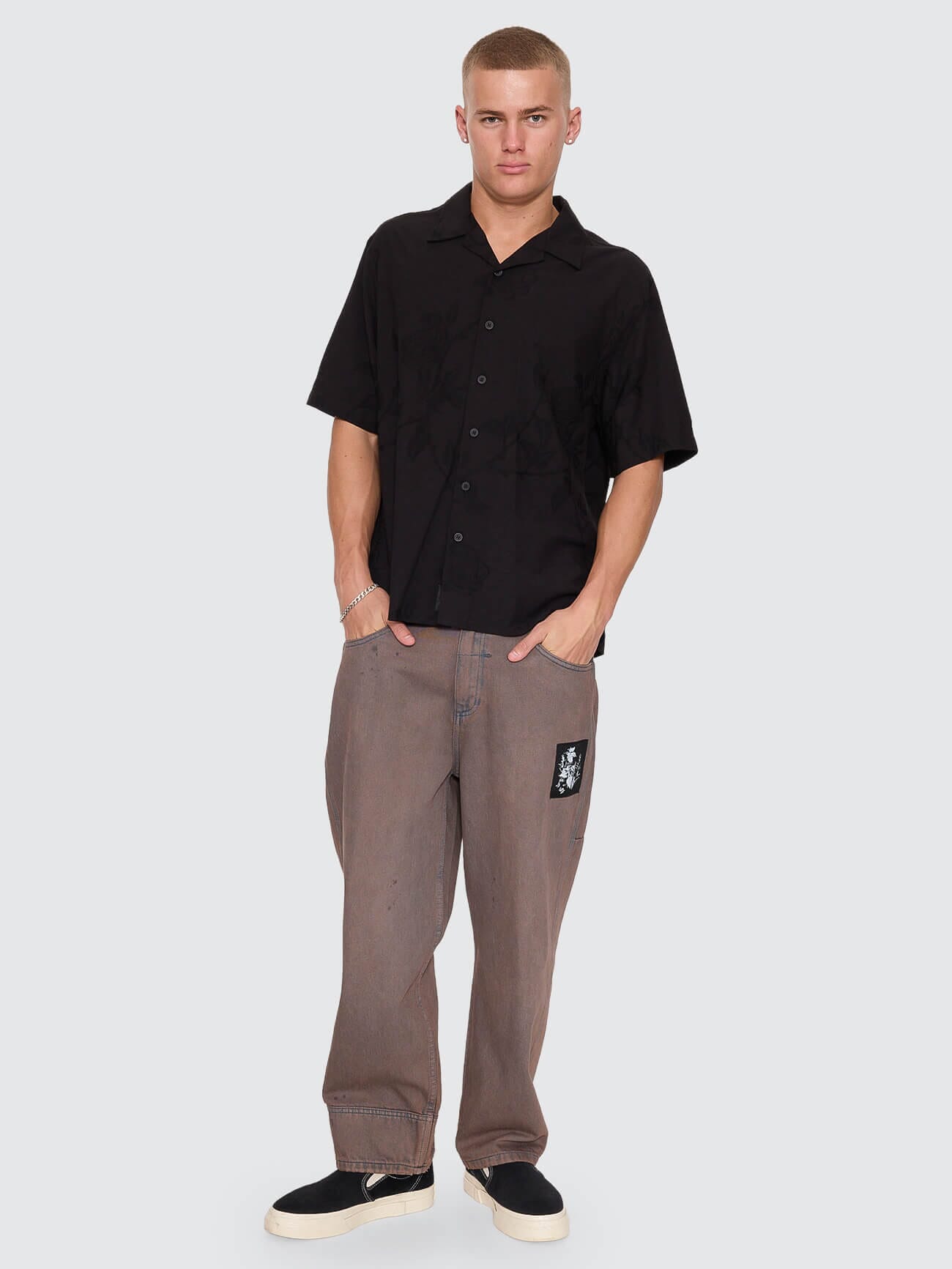 Time Will Tell Cropped Bowling Shirt - Black XS