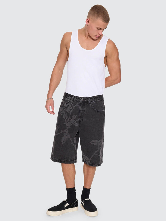 Time Will Tell Big Slacker Baggy Denim Short - Black Bull 26
