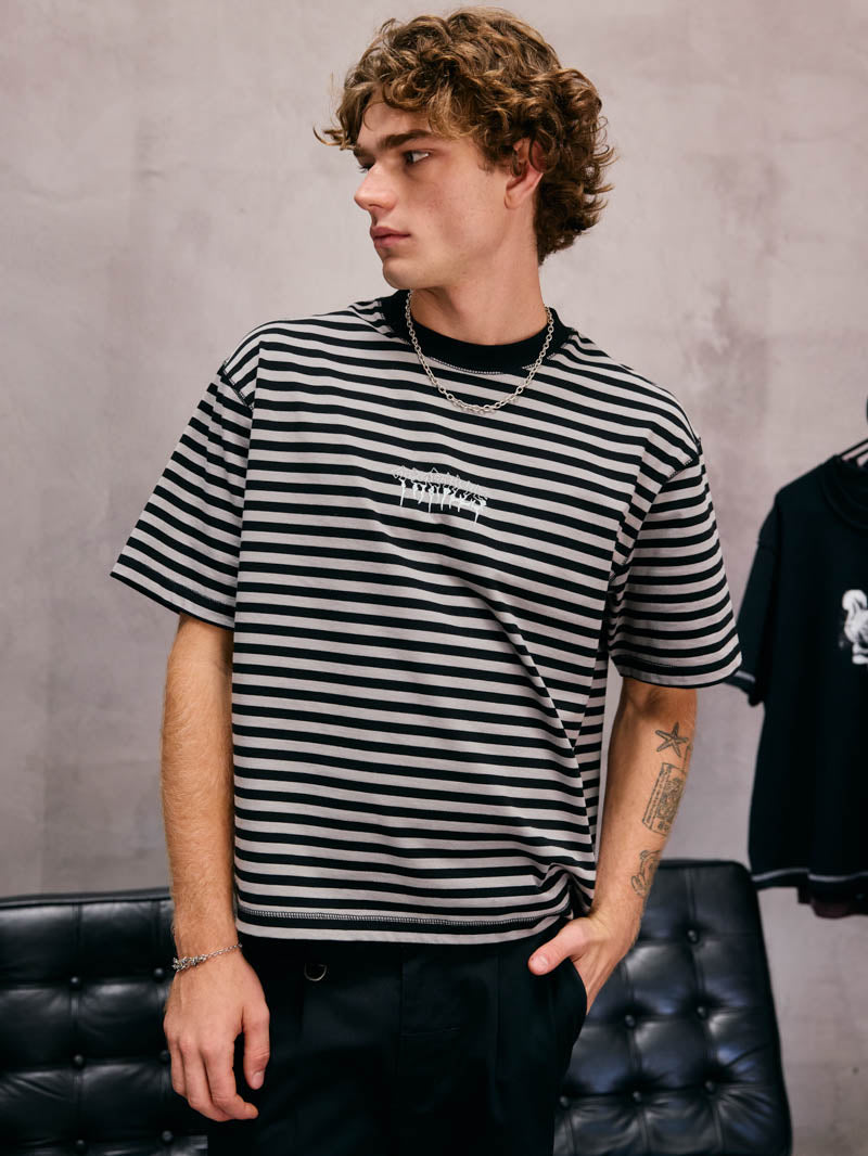 Shattered Stripe Box Oversize Crop Tee - Grey Stripe