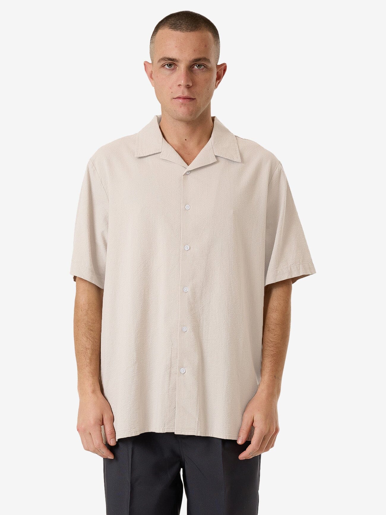Minimal Thrills Stripe Bowling Shirt - Heritage White