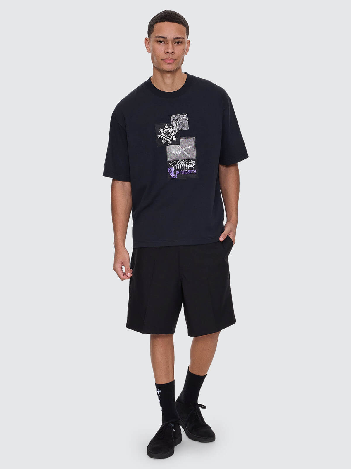 Cut & Shattered Box Fit Oversize Cropped Tee - Faded Black XS