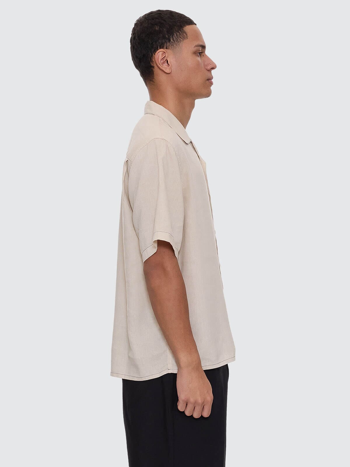 Hemp Minimal Thrills Contrast Stitch Cropped Bowling Shirt - Oatmeal XS