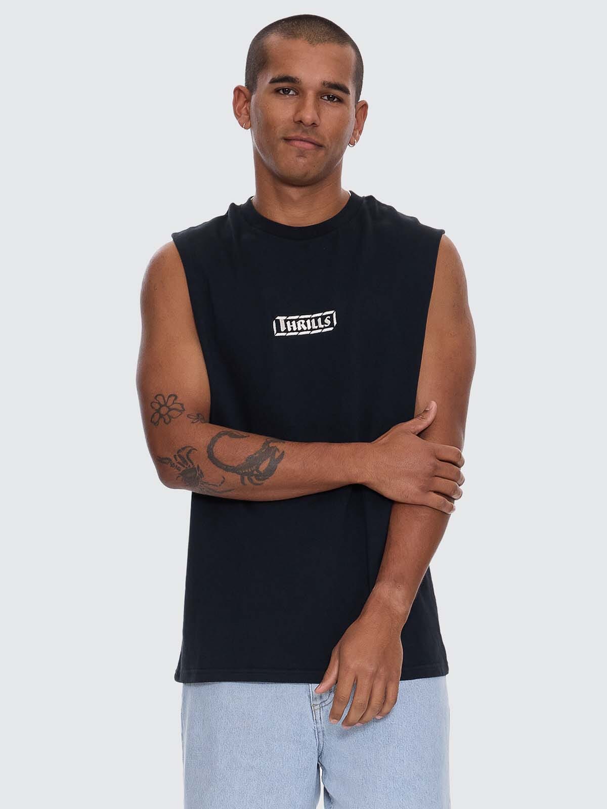 Calm State Embro Box Fit Oversize Cropped Muscle Tee - Washed Black XS