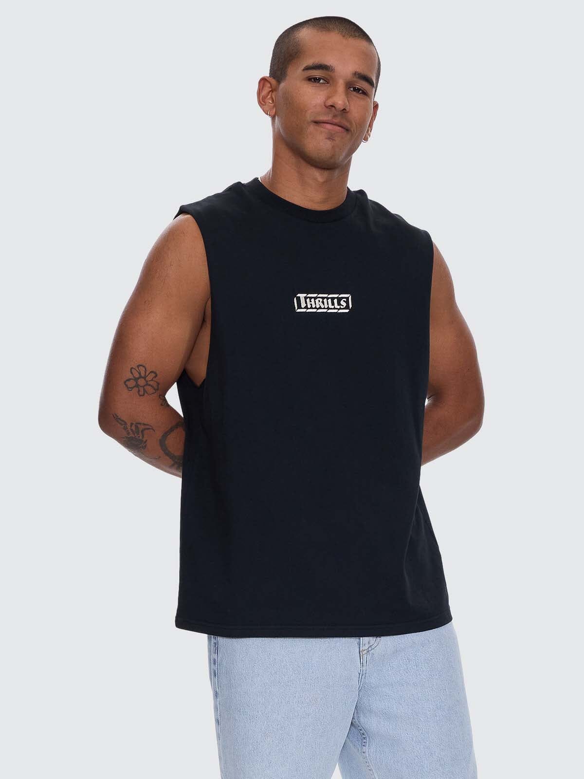 Calm State Embro Box Fit Oversize Cropped Muscle Tee - Washed Black XS