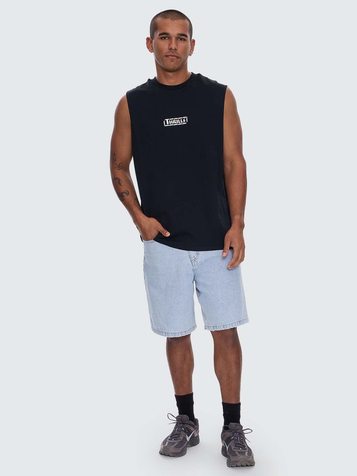 Calm State Embro Box Fit Oversize Cropped Muscle Tee - Washed Black XS