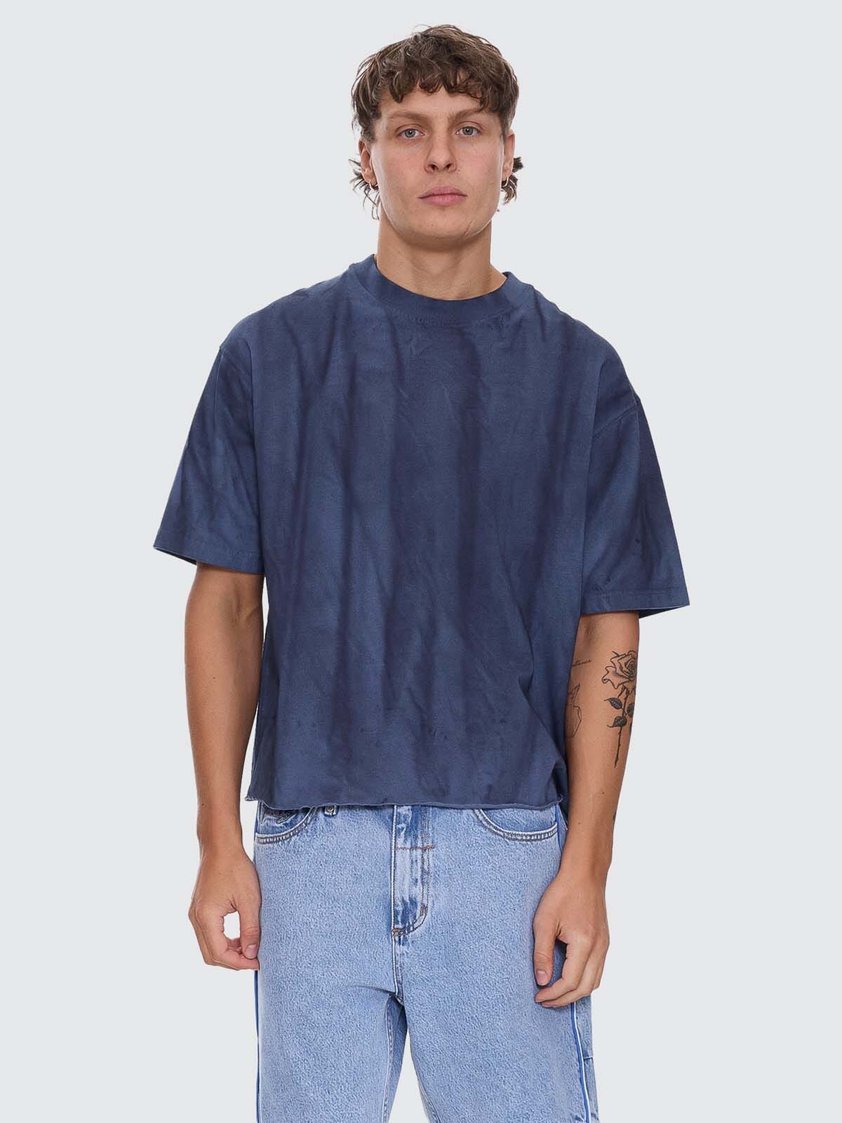Arts Sunfade Box Fit Oversize Cropped Raw Hem Tee - Sunfade Bleach Indigo XS