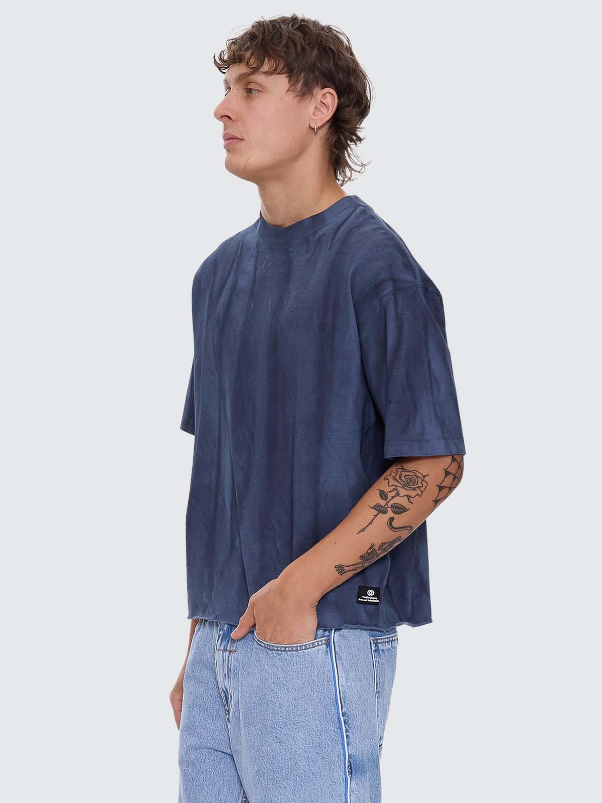 Arts Sunfade Box Fit Oversize Cropped Raw Hem Tee - Sunfade Bleach Indigo XS