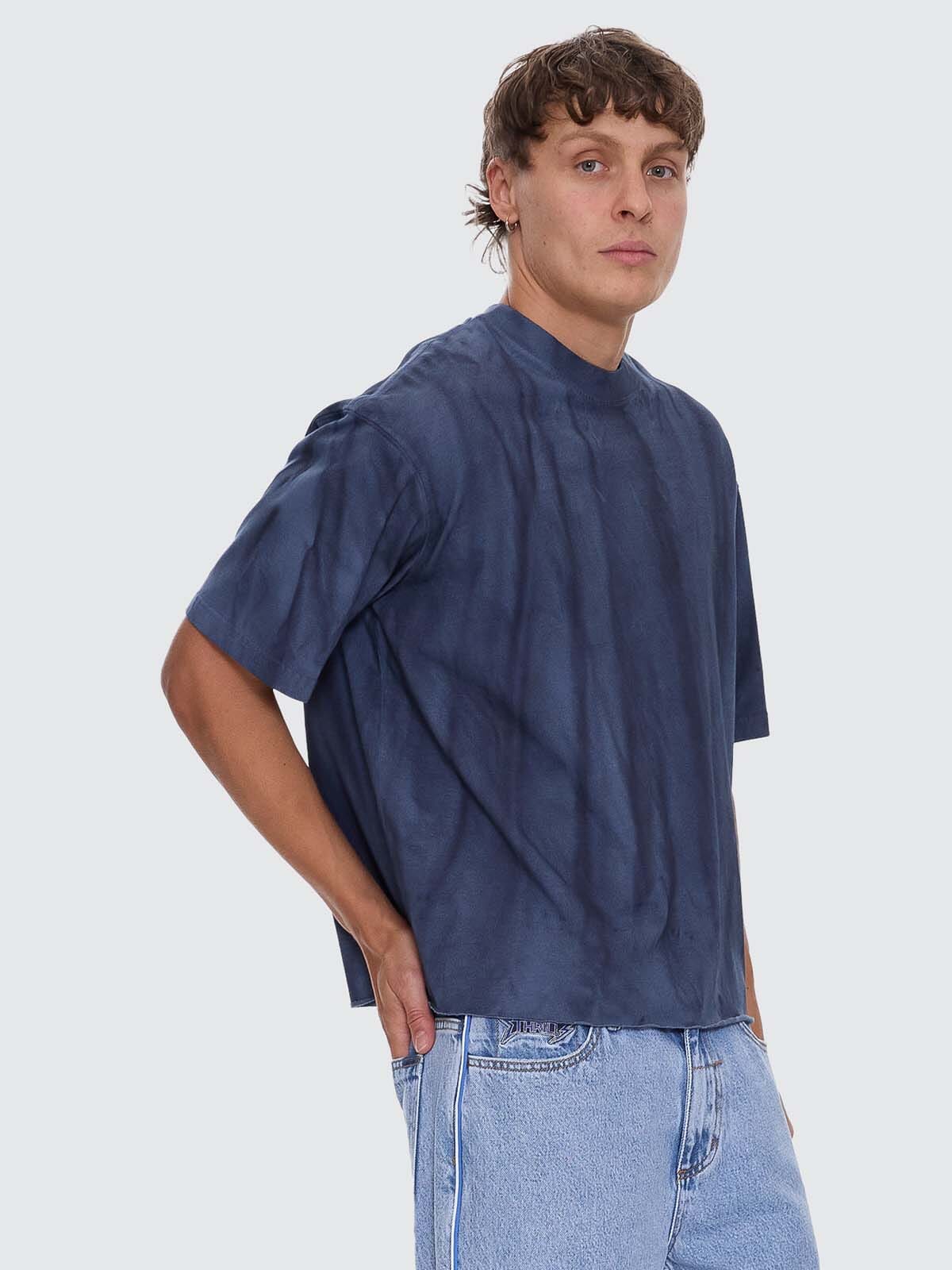 Arts Sunfade Box Fit Oversize Cropped Raw Hem Tee - Sunfade Bleach Indigo XS