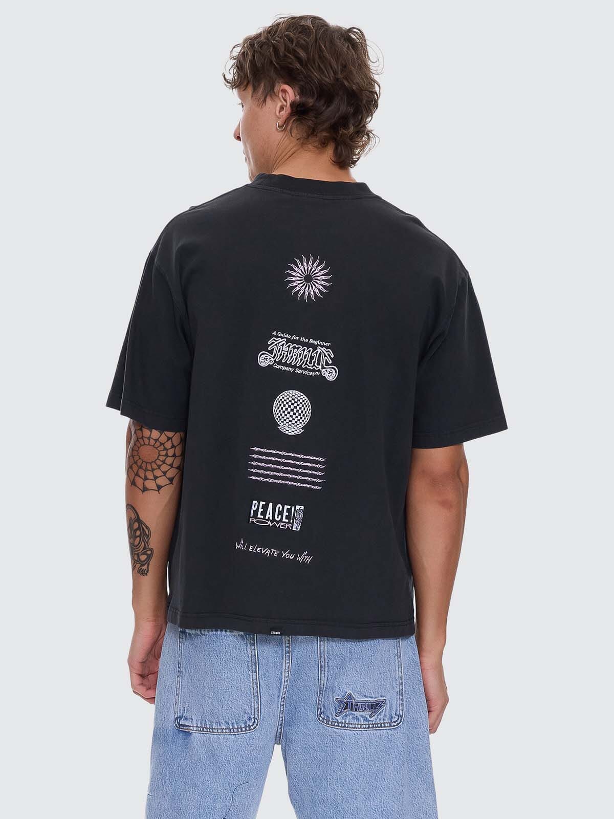Peace Power Embro Box Fit Oversize Cropped Tee - Pirate Black XS