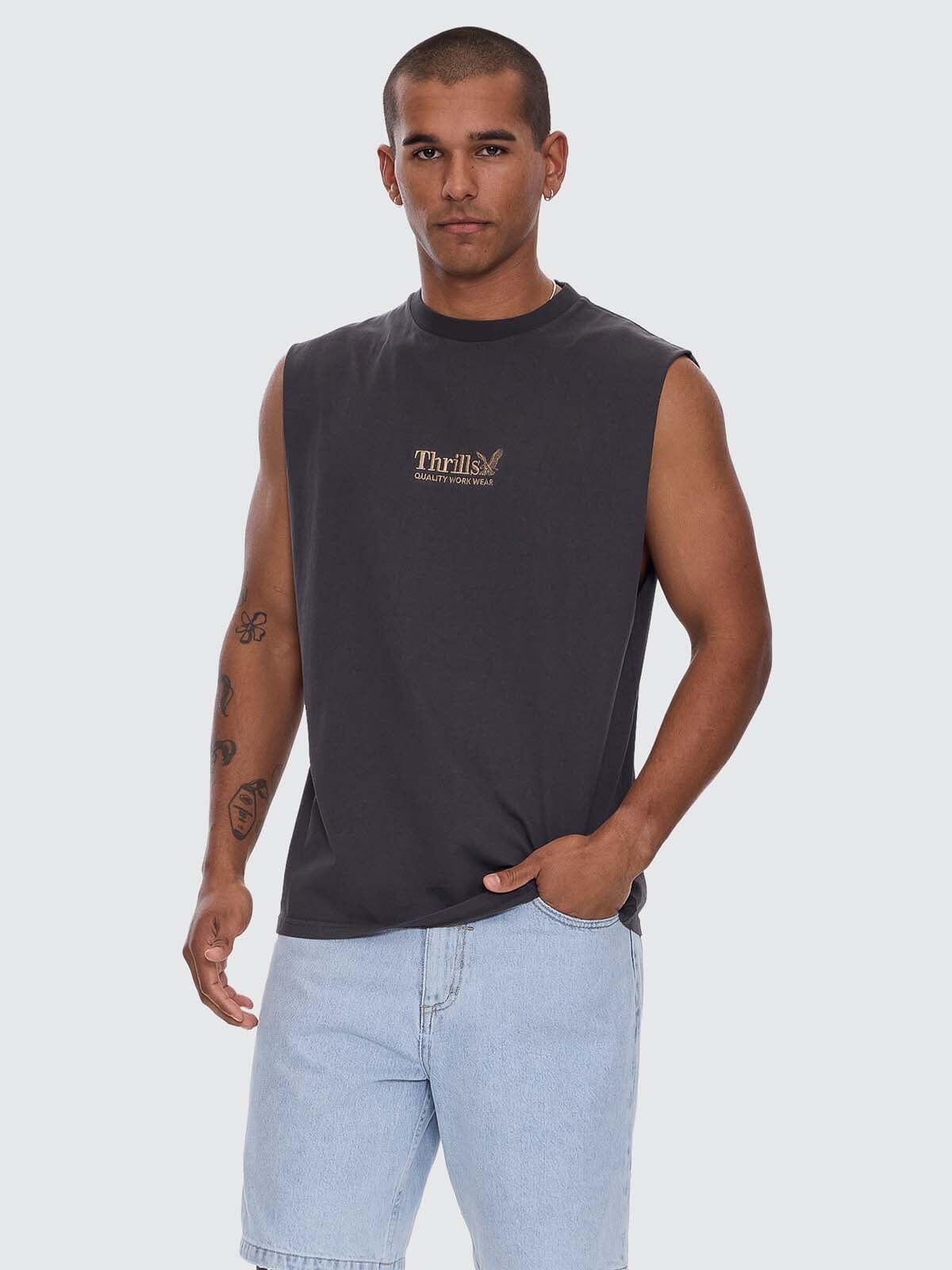 Thrills Workwear Embro Merch Fit Muscle Tee - Dark Charcoal XS