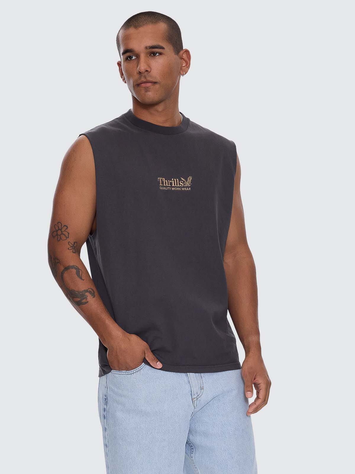 Thrills Workwear Embro Merch Fit Muscle Tee - Dark Charcoal XS