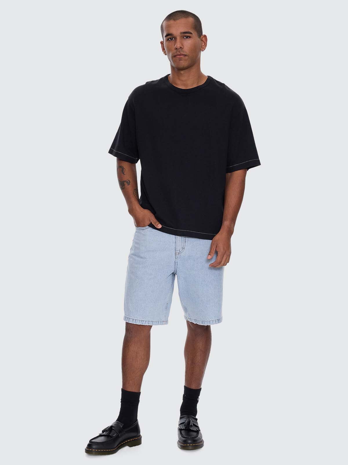 Hemp Thrills Embro Contrast Stitch Box Fit Oversize Cropped Tee - Washed Black XS