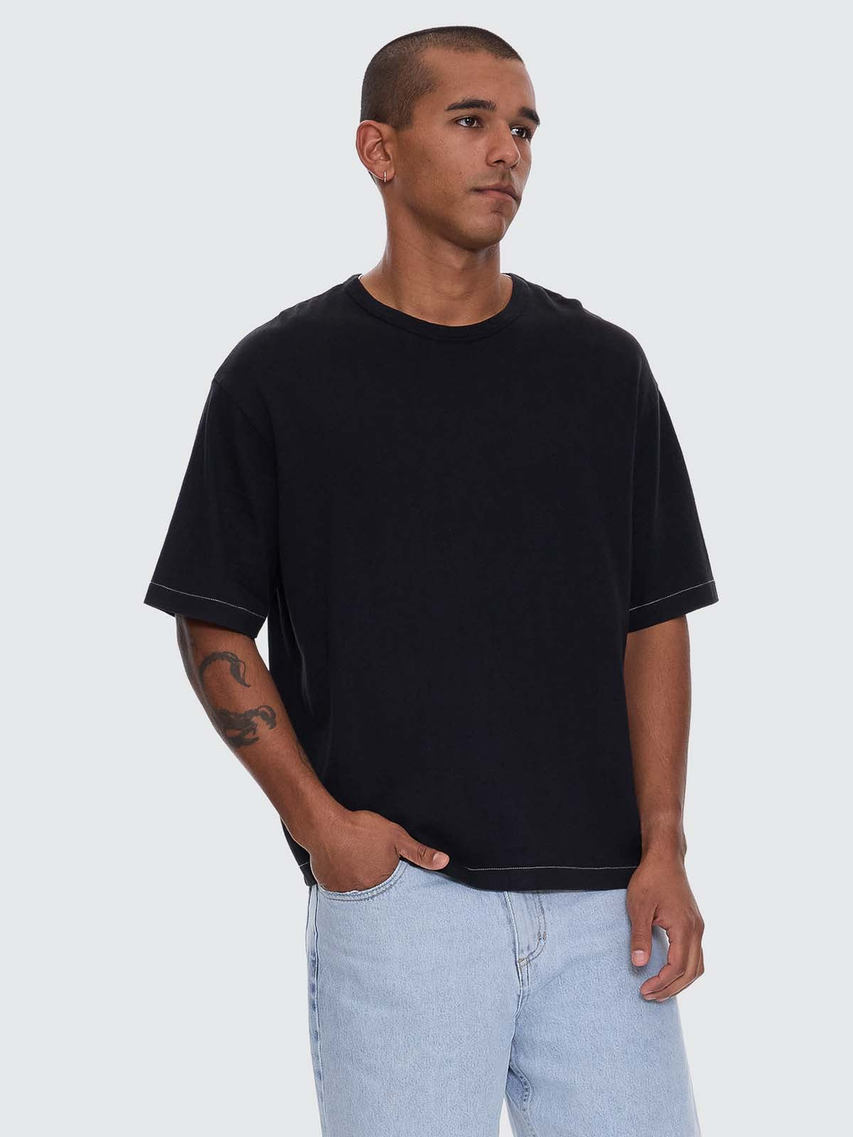 Hemp Thrills Embro Contrast Stitch Box Fit Oversize Cropped Tee - Washed Black XS