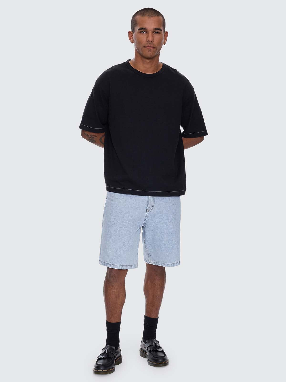 Hemp Thrills Embro Contrast Stitch Box Fit Oversize Cropped Tee - Washed Black XS