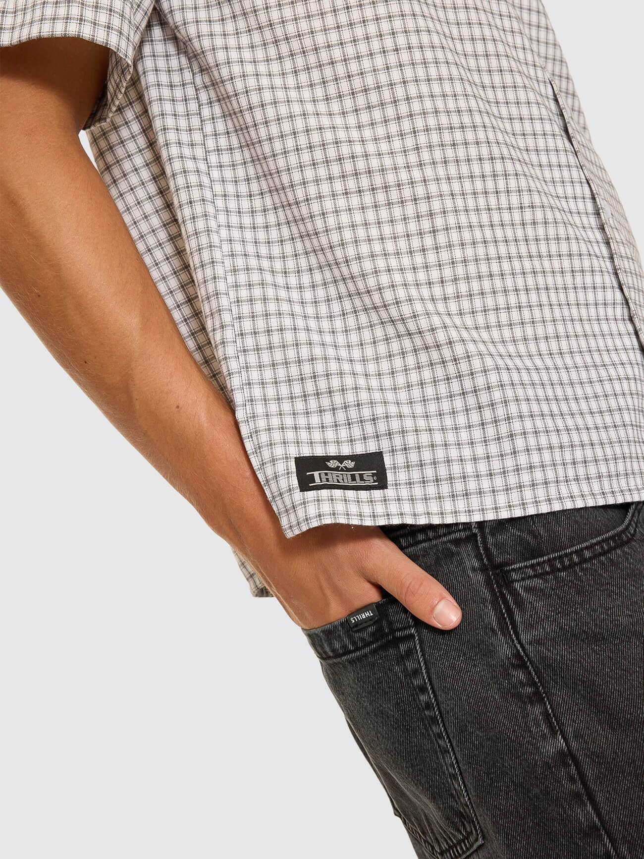 Super Charged Short Sleeve Cropped Check Work Shirt - White