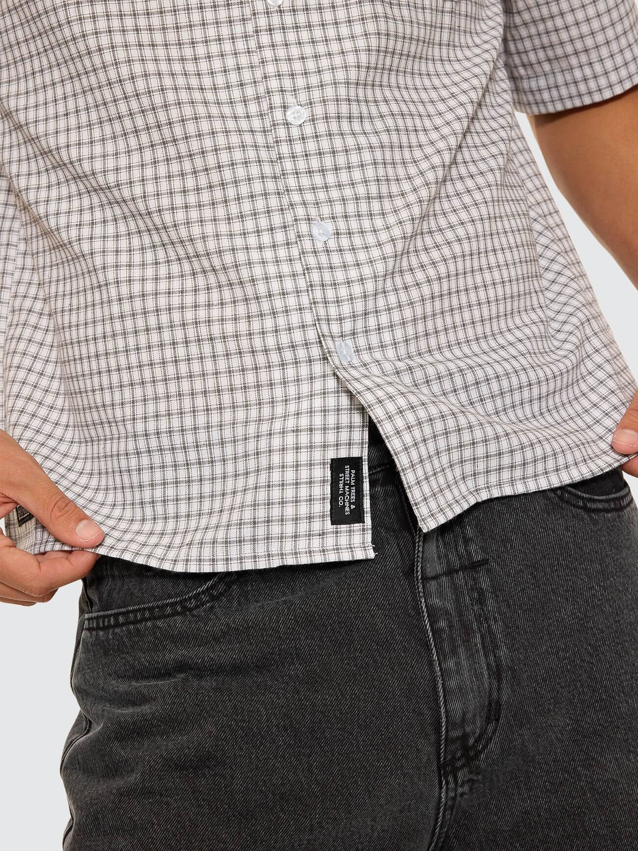 Super Charged Short Sleeve Cropped Check Work Shirt - White