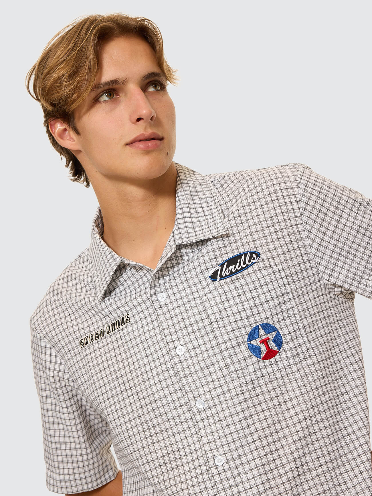 Super Charged Short Sleeve Cropped Check Work Shirt - White