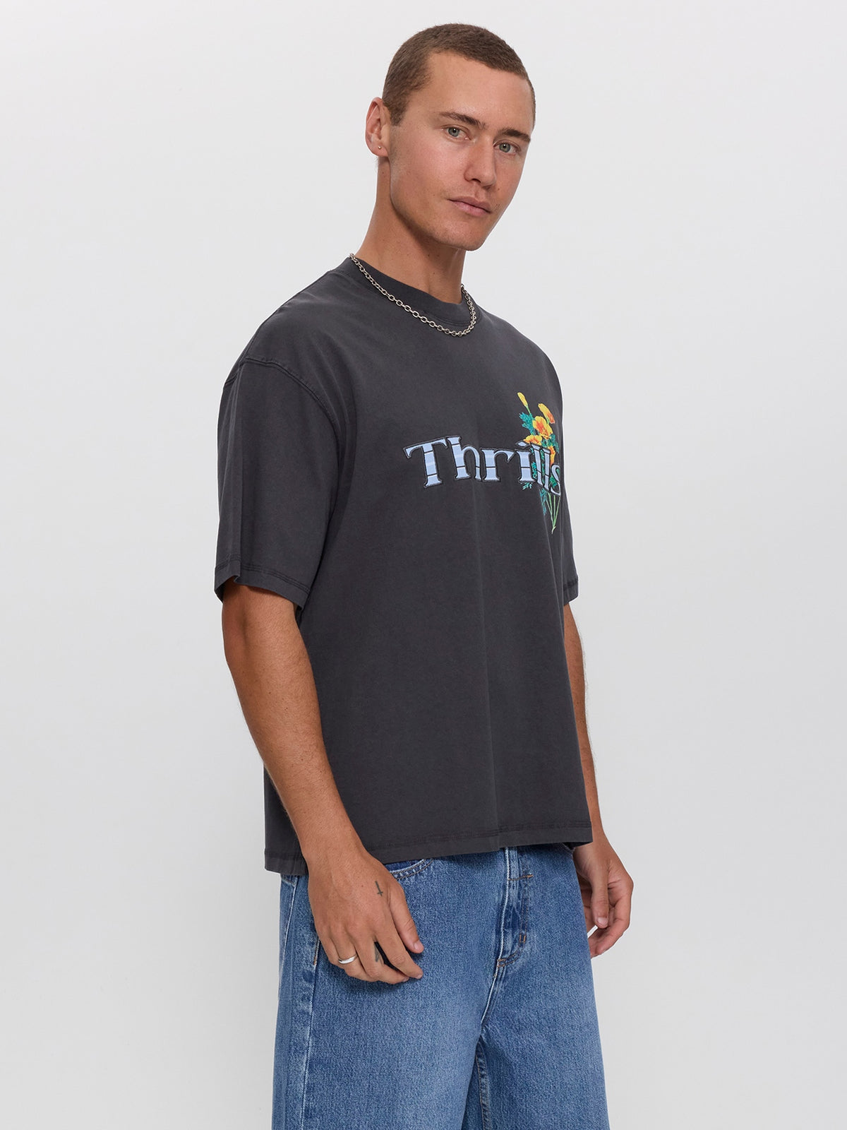 Flowers Of Tomorrow Box Crop Applique Tee - Dark Charcoal XS
