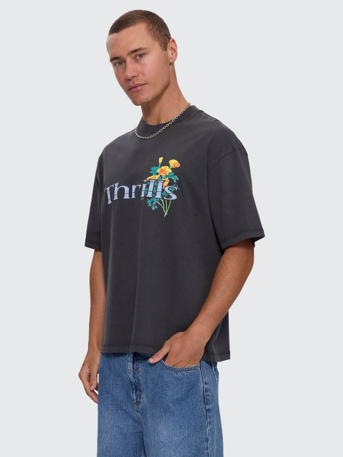 Flowers Of Tomorrow Box Crop Applique Tee - Dark Charcoal XS