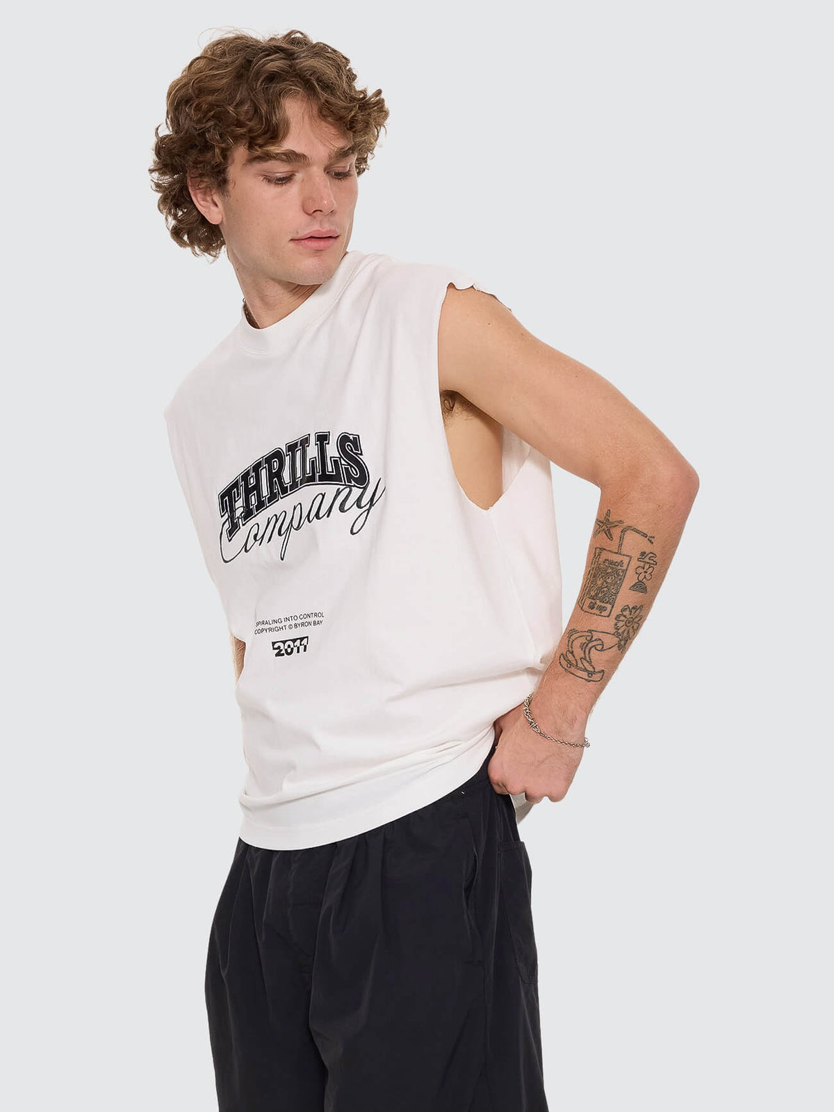 Spiraling Oversize Box Crop Muscle Tee - Dirty White XS