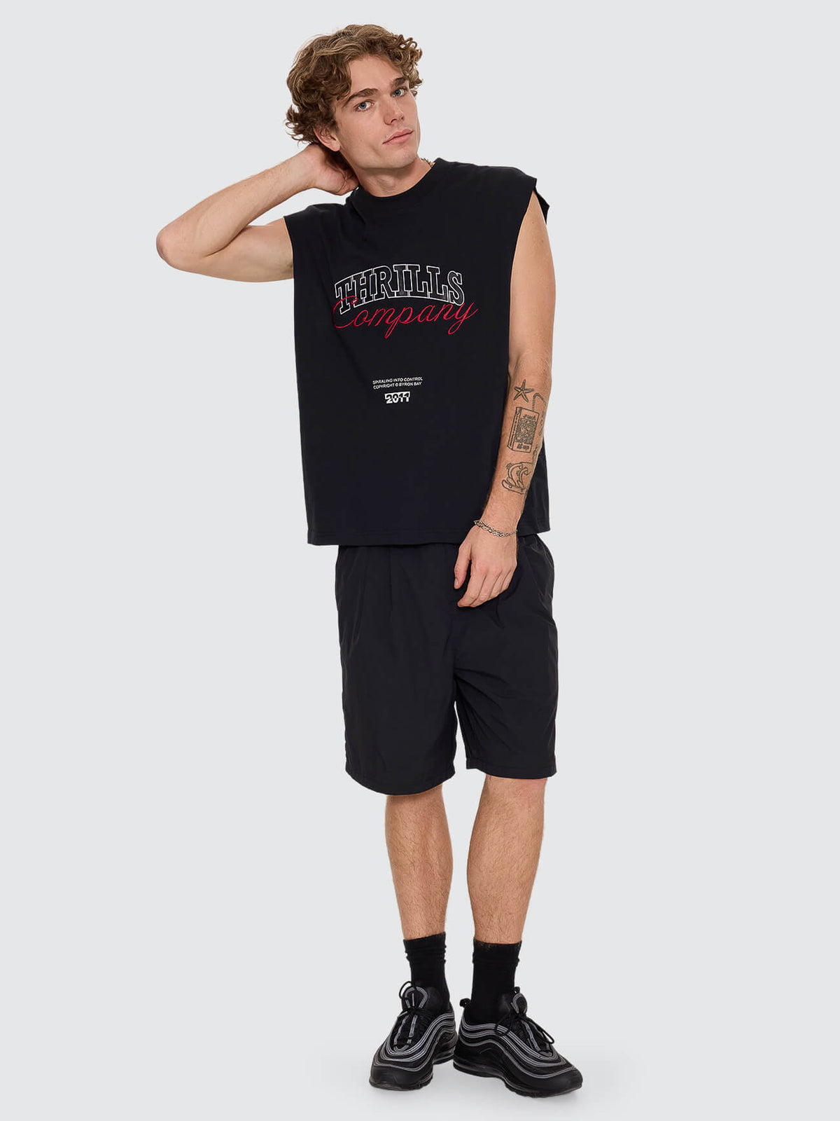 Spiraling Oversize Box Crop Muscle Tee - Washed Black XS