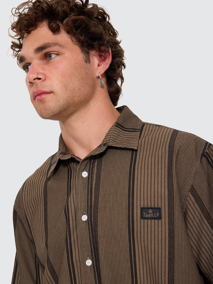 New Ways Of Living Cropped Short Sleeve Stripe Shirt - Tarmac - Black XS