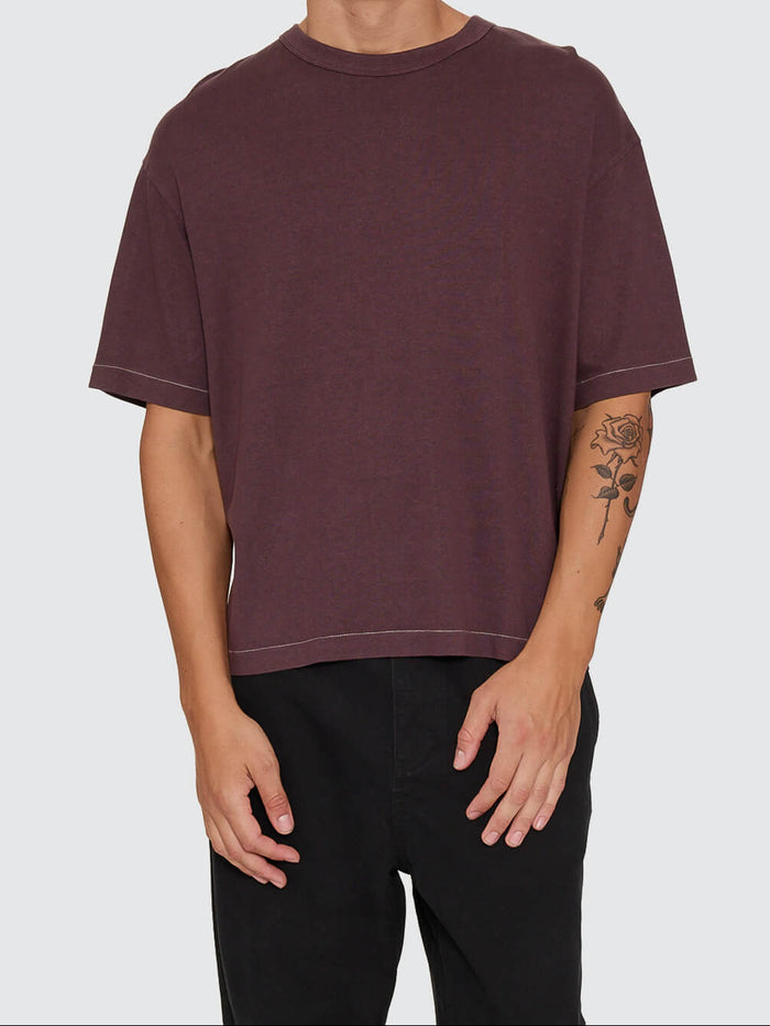 Hemp Thrills Embro Oversize Box Crop Contrast Tee - Aubergine XS